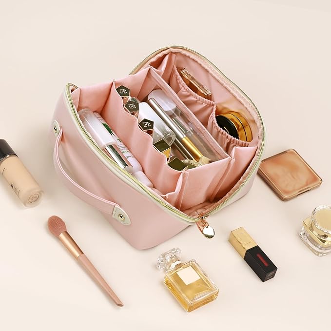 Prite Makeup Bag for Women Travel Waterproof Vegan Leather Cosmetic Bag Open Flat Toiletry Bag With Clear Divider and Handle (Pink, Large Pro)