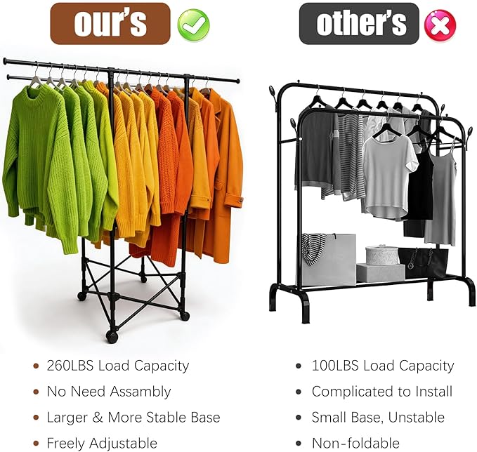 Clothes Rack Double Rods, Foldable Laundry Rack for Air Drying Clothing, Wardrobe Closet Rolling Sturdy Metal Garment Rack for Bedroom Laundry Living Room, Black