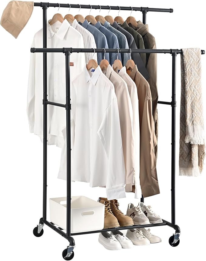 FOUCSSOMEI Heavy Duty Clothes Rack, Rolling Clothing Rack, Garment Rack with Wheels, Double Rod, Max 400Lbs, Black