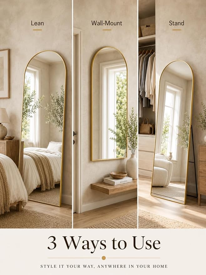 Full Length Mirror, Arched Floor Mirror Freestanding, Floor Standing Full Body Mirror with Stand for Bedroom, Hanging Mounted for Living Room Cloakroom