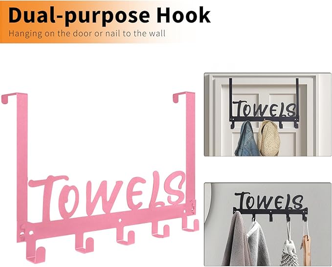 Gohiuo Over the Door Hook, Towel Holder Towel Hook for Bathroom, Towel Hanger Door Rack with 5 Coat Hooks, Over the Door Hanger Towel Rack for Bathroom, Bedroom Towels Coats(Pink)