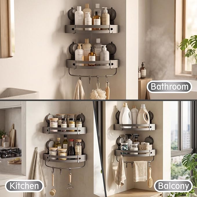 Suction Cup Shower Caddy(2-Pack Gray),Single 1.77 Inches High No-Drilling Aluminum Bathroom Organizer with Towel Bar & Hooks,Moder wall Shower Shelf and Storage Decor