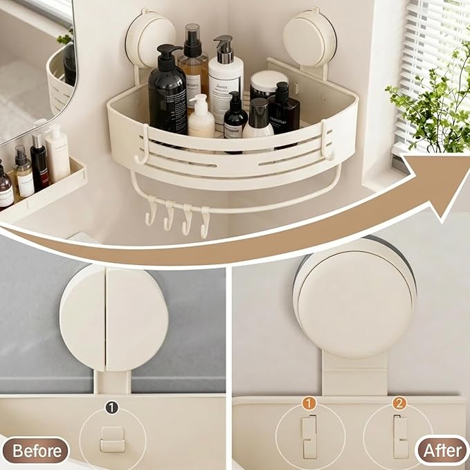 No-Drilling Corner Suction Cup Shower Caddy(1-Pack Cream White),Rust-Proof and Durable Bathroom Organizer with Towel Bar & Hooks,Modern Large-Capacity Wall-Mounted Shower Shelf