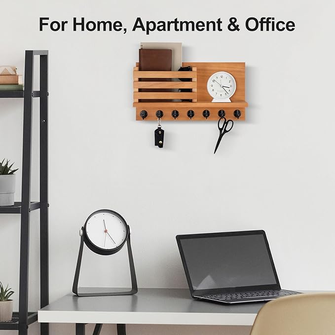 Lwenki Key Holder for Wall – Decorative Wooden Mail Holder and Key Shelf with Mounting Hardware, Installation Guide – Paulownia Wood with Metal Key Hooks (Light Brown, Extra Large - 15.6inch)