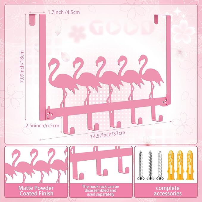 AceOrbit Pink Flamingos Over the Door Hooks Hanger Wall Mount Towel Hanger Door Holder Organizer 5 Hooks Farmhouse Rustic Kawaii Decor for Bedroom Bathroom Towel Hat Clothes