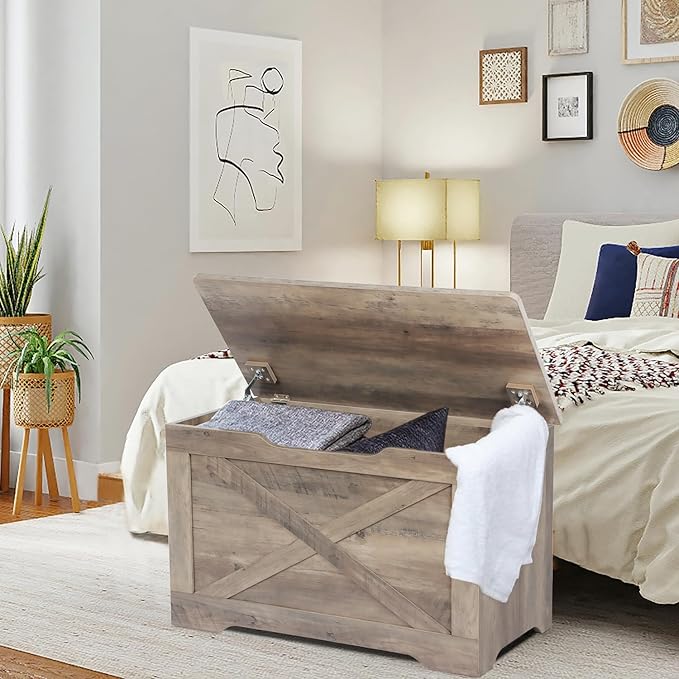 Timberer Storage Chest, Wooden Storage Bench, Entryway Shoes Bench with 2 Safety Hinges, Retro Storage Trunk for Living Room,Bedroom, 15.7 x 31.5 x 18.9 Inches, Grey