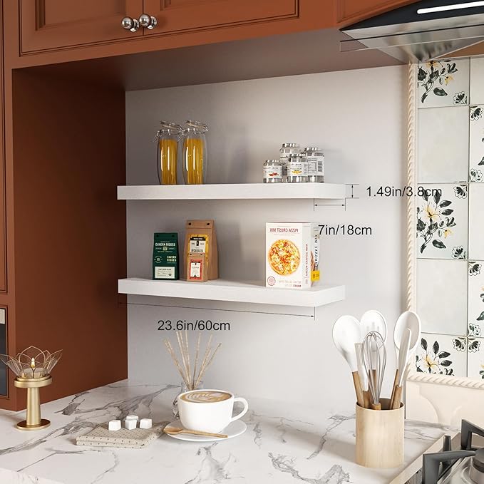 White Floating Shelves Set of 2, 24 Inch Wall Mounted Wood Shelves for Bathroom Over Toilet, Bedroom, Living Room, Kitchen & Office Storage, Modern Display Shelves