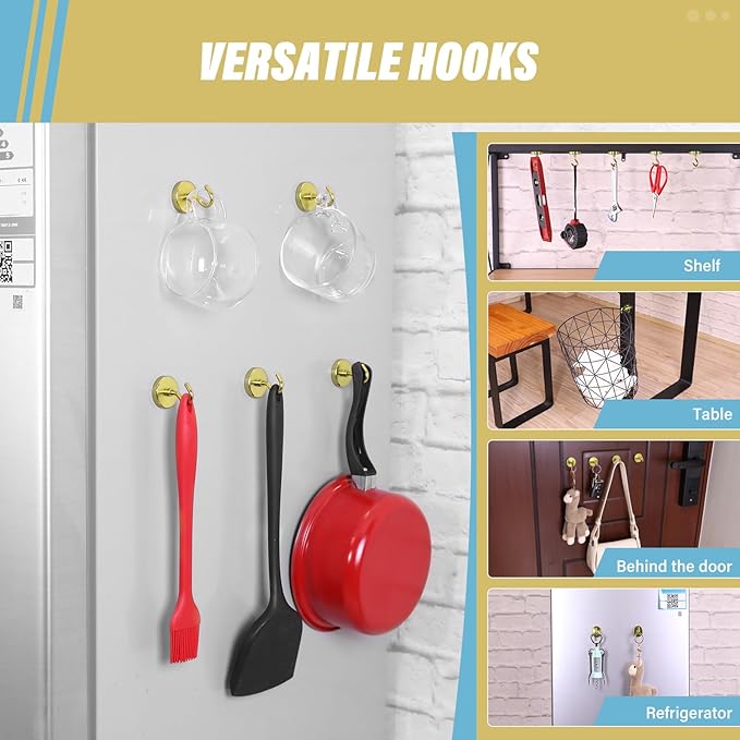 Neosmuk Magnetic Hooks, Heavy Duty 130lb+ Strong Magnet Hook for Cruise Cabins, Cruise Essentials 2026 for Hanging, Metal Wall Refrigerator Hangers (Golden, 10 Pack)