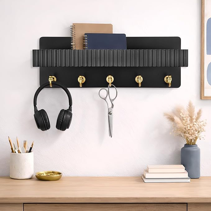 Key Holder Wall Mount, 14" Wooden Entryway Key and Mail Organizer with 5 Metal Hooks, Decorative Key Hanger Rack for Bag, Coat, and Dog Leash, Black
