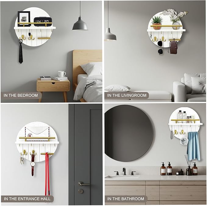 OurWarm Key Holder Wall Mount, 11.8 Inch White Decorative Key and Mail Holder Organizer with 8 Key Hooks, Round Wooden Key Rack Key Hanger with Shelf for Wall Entryway Boho Home Decor
