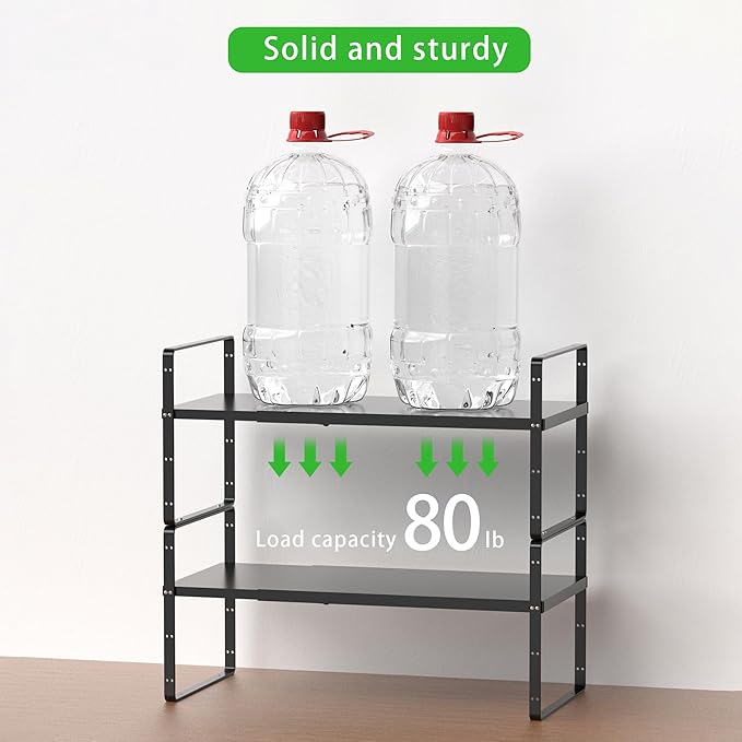 Expandable Cabinet Storage Shelf Stackable Organizer Rack for Kitchen Bathroom Pantry Spice Cupboard Countertop Home Office Desk Heavy Duty Nonslip Black Small 1 PACK