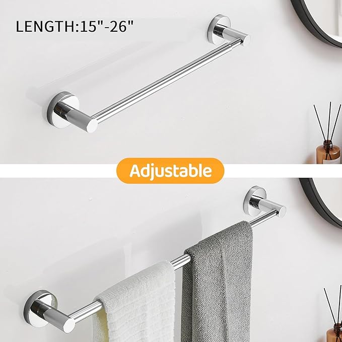 BESy Adjustable 15 to 26 Inch Single Bath Towel Bar Rack for Bathroom Accessories SUS304 Stainless Steel Towel Holder, Wall Mount with Screws Hand Towel Bar Rod Hotel Style, Polished Chrome