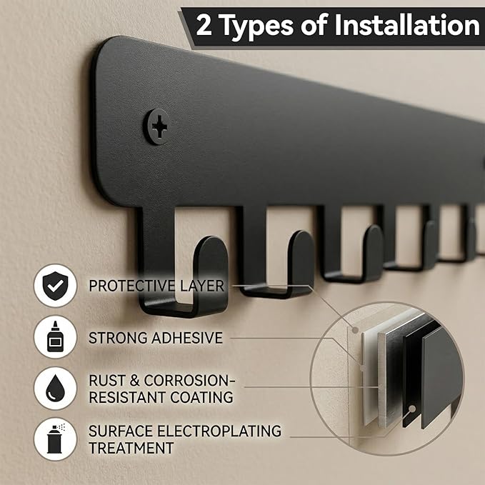4 Pack Key Holder Wall Mount, Black Stainless Steel Key Hooks with 8 Hooks, Adhesive and Screw Mounting for Living Room Kitchen Bathroom Hallway