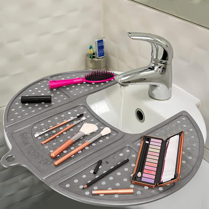 Sink Topper Bathroom Counter Cover & Storage Saver, Foldable Silicone Mat for Hot Tools, Hair Styling & Makeup, Beauty Brush Cleaning Mat, RV Camper Sink Cover & for Small Spaces (Standard Silver)