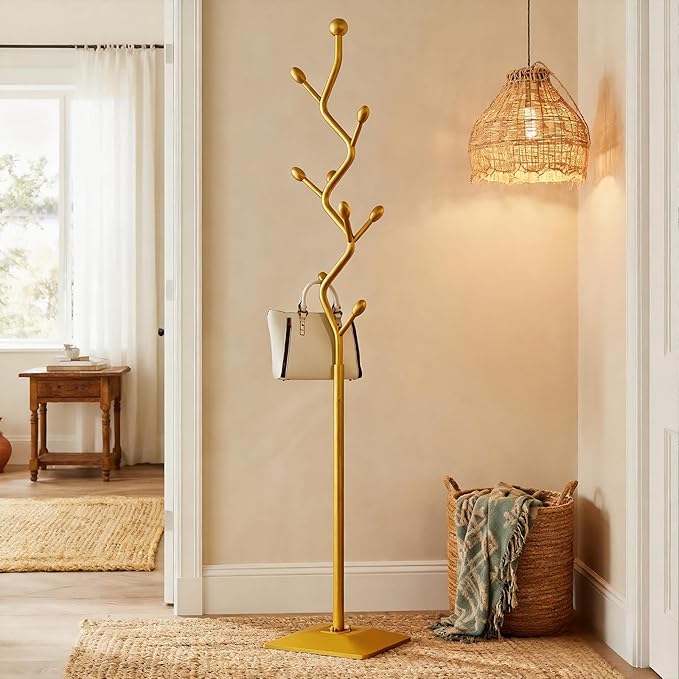 Coat Rack Freestanding gold Coat Tree with 8 Hooks, Creative Design Tree Branch-look, Standing Coat Rack Coat Hanger Stand with Stury cast iron Base for Entryway, Hallway, Bedroom (gold)