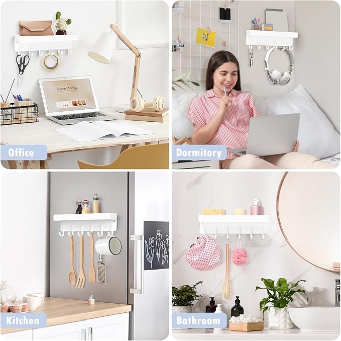 Magnetic Key Holder, Small Wall Mount Key Rack with Shelf for Fridge, 6 Metal Hooks, 9.65 Inch, 2 Installation Options, White