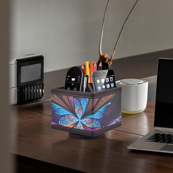 Square Leather 360°Rotatable Pencil Holders,Remote Control Holder,Spinning Bedside TV Remote Caddy,Desktop Organizer for Pen,Media Controller,Phone,Glasses,Office Supplies Storage Box(Blue)