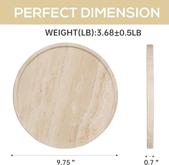 Koville Natural Travertine Tray for Home Decor, 10 Inch Round Serving Tray for Kitchen and Coffee Table, Decorative Marble Bathroom Trays for Counter, Luxury Vanity Tray, Light Beige Stone Tray