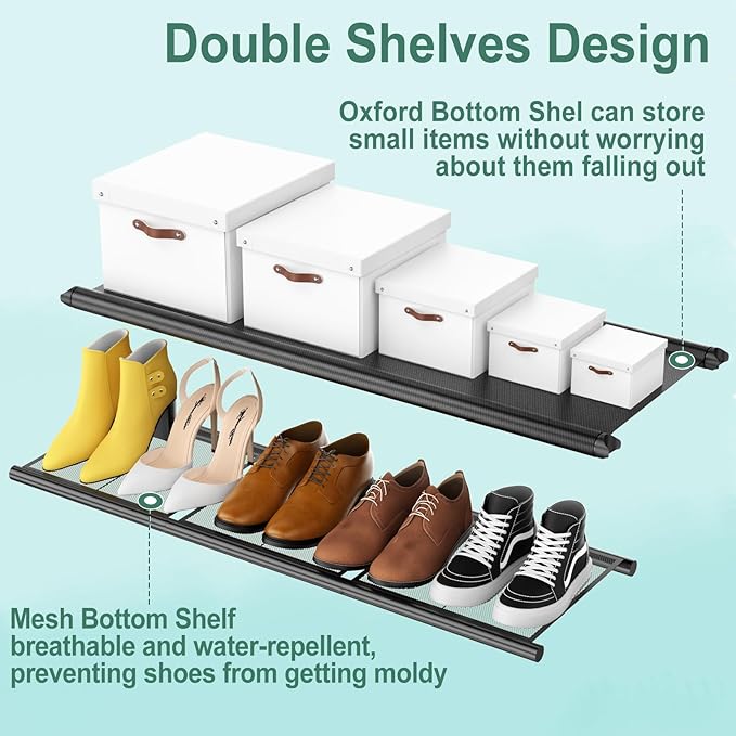 Rolling Clothes Rack with Doule Rod for Hanging, Heavy Duty Metal Garment Rack Load 350 LBS with Lockable Wheel, Free Standng Clothing Rack with 2 Shelves and Side Hooks for Home Commercial, Black