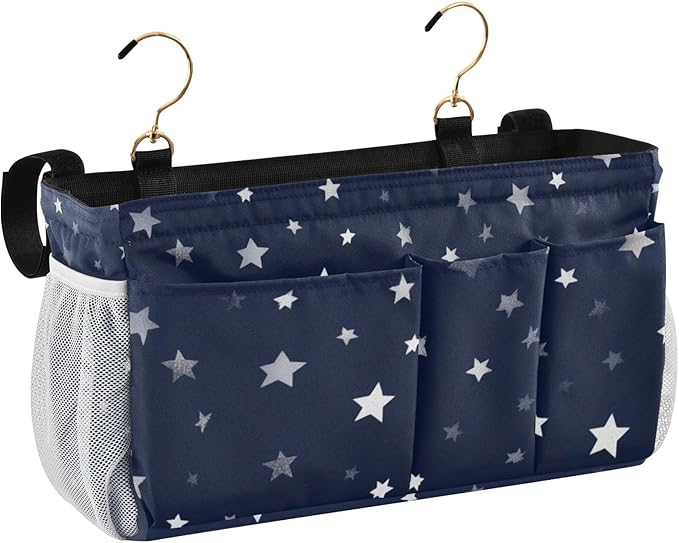 Bedside Caddy Hanging Bunk Bed Caddy Bed Organizer Hanging Pocket with 2 Hooks Bedside Storage Organizer Pocket Bag Holder Stars Dark Blue
