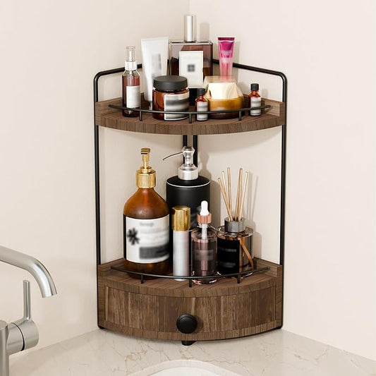 2-Tier Corner Bathroom Countertop Organizer with Drawer, Wooden Vanity Organizers for Makeup and Skincare Storage, Corner Counter Shelf with Embedded Screw Holes, Dark Brown