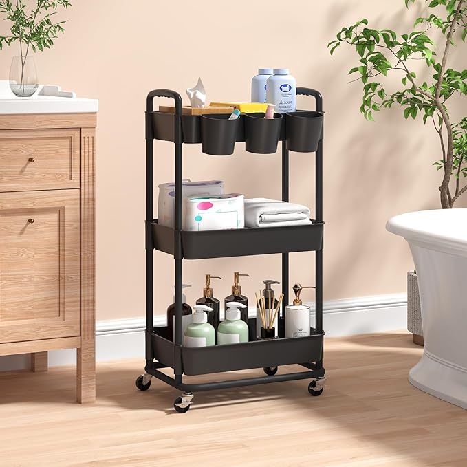 3-Tier Baby Diaper Caddy Organizer Cart with Locking Wheels & Hanging Cups - Rolling Storage Cart for Nursery, Changing Table, Baby Essentials, Black