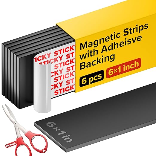 Magnetic Strips with Adhesive Backing - Magnetic Tape for Crafts - Tool and Knife Magnet Strips for Kitchen, Garage and Garden - Adhesive Magnetic Tool Holder Strip for Wall (6 Pieces, 6" x 1")