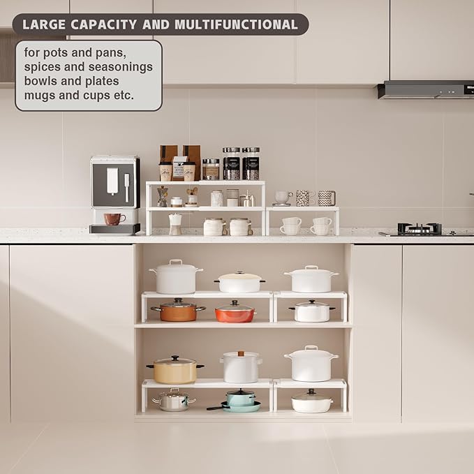 Magheo Expandable Cabinet Shelf Organizer, 2 Pack Stackable Kitchen Counter Shelf Riser, Metal Spice Rack Heavy Duty Countertop Organizer Storage for Kitchen, Pantry, Cupboard, Rv (5.9in Height,White)