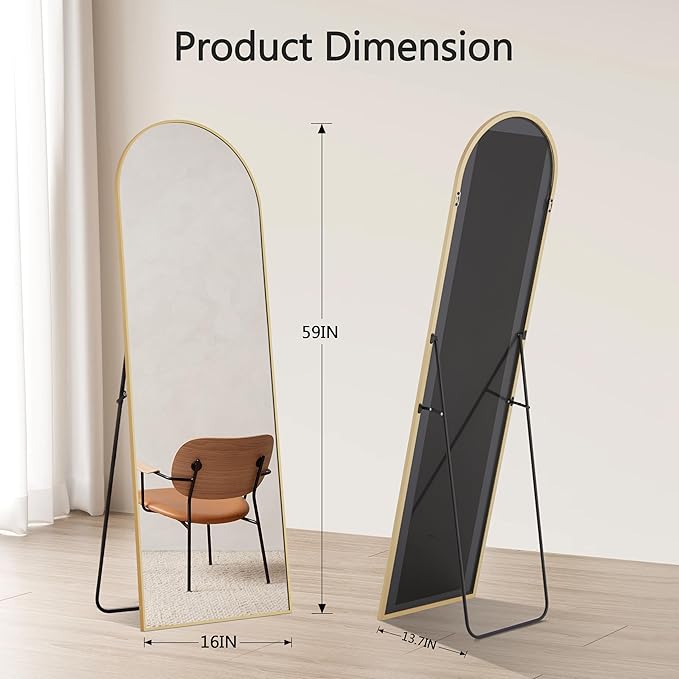 Arched Full Length Mirror, 59"x16" Body Wall Mirror With Shatter-Proof Glass, Tall Arch Aluminum Frame for Bedroom Cloakroom, Gold