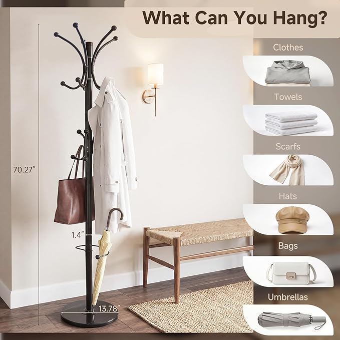 Metal Coat Rack Freestanding with Natural Marble Base, 360° Roraty Coat Rack Stand with 16 Hooks & Umbrella Holder, Black Heavy Duty Coat Rack for Coats Hats for Entryway Bedroom (Black)