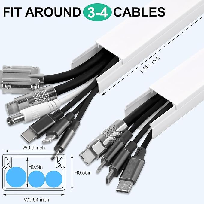 Rindion Cord Hider, 113.6in Cable Hider, Cord Covers for Wires on Wall, Wire Covers for Cords on Wall, Cable Management Wire Hiders for TV, 8 x L14.2 x W0.94x H0.55in - White