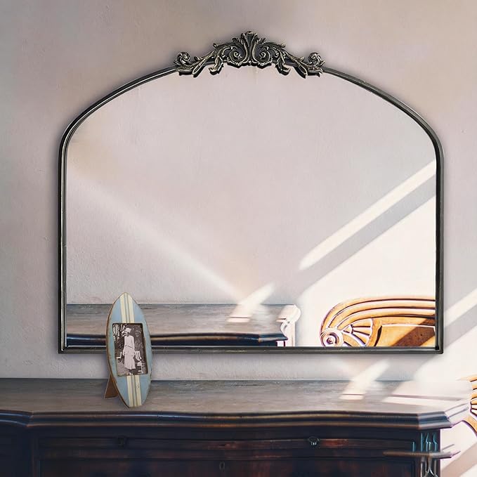 HQiJun Black Vintage Wall Mirror Window Decorative Traditional Mirrors Antique Arched Farmhouse for Living Room Bedroom Entryway Bathroom Vanity (29 * 36 * 1.2,Black)
