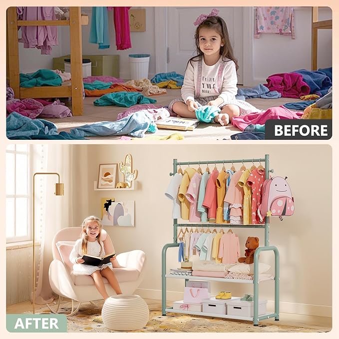 Kids Clothing Rack with 2-Layer Storage Shelf and 2 Adjustable Hanging Rods, Dress Up Rack for Hanging Clothes,Dress up Storage for Baby Toddle Kids(Classic, Green)