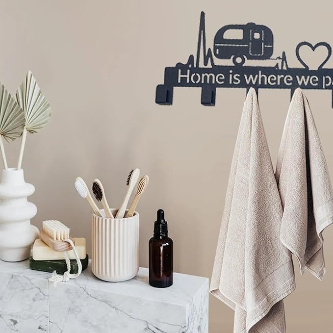Key Holder Wall Mount with 6 Hooks, Happy Camper Key Rack Organizer for Entryway, Kitchen, Office - Rustproof, Waterproof - Easy Installation, Gift for New Homeowners - 9.8inch/25cm