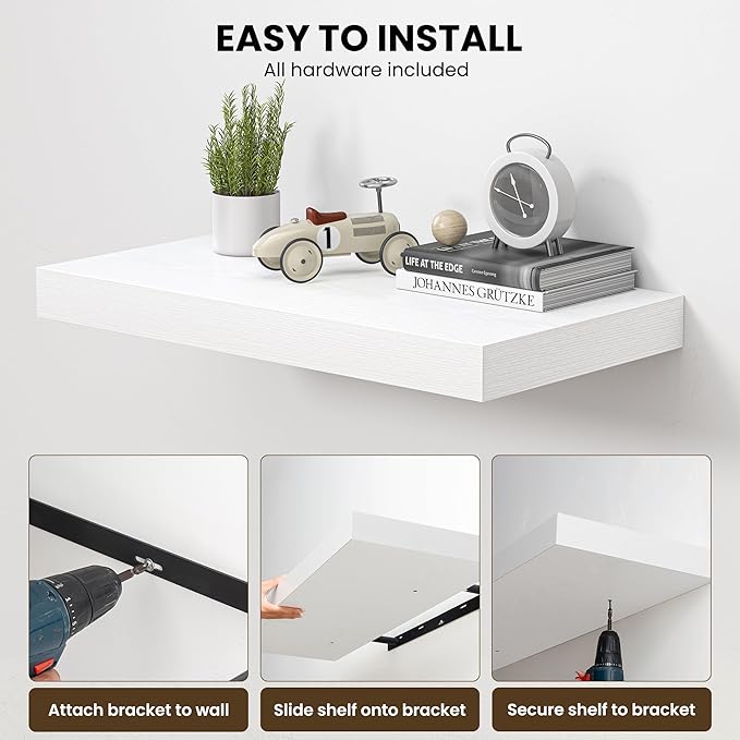 Dreamland 40" Floating Shelves for Wall, 12" Deep Thicker White Floating Shelves, Wall-Mounted Shelves for Bedroom, Living Room, Kitchen, Bathroom - Set of 2