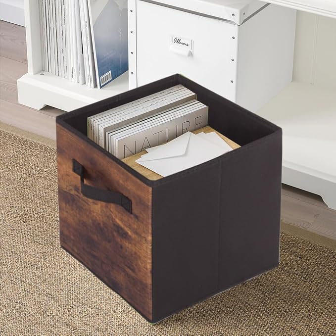 PowerKing Collapsible Storage Cubes with Handles, Fabric Foldable Bins for Closet Shelves, Durable Organization Storage Bins, 10.5'' x 11'' x 10.5'' (6Pack, Vintage Wood Grain)