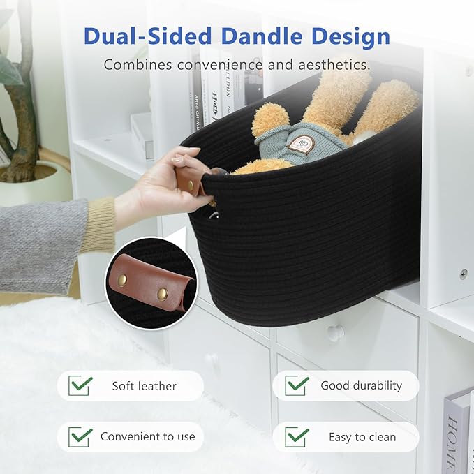 ECDYQXVU Cotton Rope Basket, Storage Baskets with Handle, 15x10x9 Inch Woven Basket for Shelves, Laundry, Towels, Clothes, Books, (Black 3Pack)
