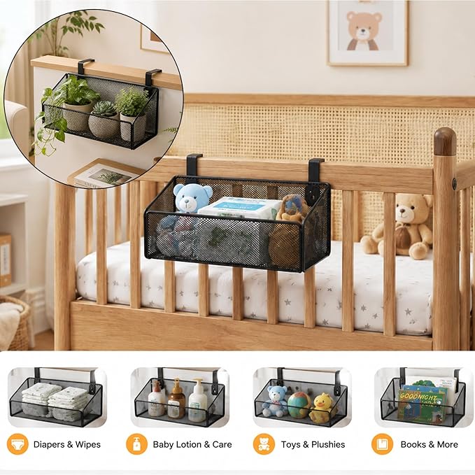 Zubebe 2 Pcs Bedside Caddy Shelf for Bunk Bed Hanging Storage Basket with 10 Pairs Hooks Black Metal Organizer for Office Cubical Walls College Dorm Hospital Bed,Book,Phones,Drinks,Plant