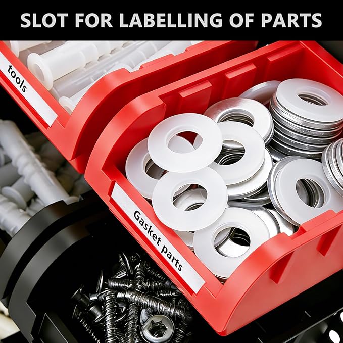 60Pcs Plastic Wall Mounted Storage Bins Parts Rack Nuts And Bolt Bins Organizer For Shop Garage for Screws, Nuts, Bolts, Nails, Beads, and Small Hardware Parts(RED+BLACK, 60)