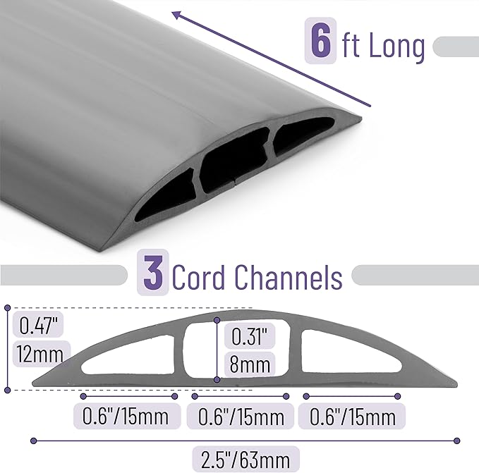 Bates- Floor Cord Cover, 6ft, Cable Cavity 0.6" (W) x 0.31" (H), Heavy Duty Wire Protector, PVC Extension Cords Hider, Protect Cords, Prevent Cable Trips, Cord Hider for Office, Home, Outdoor
