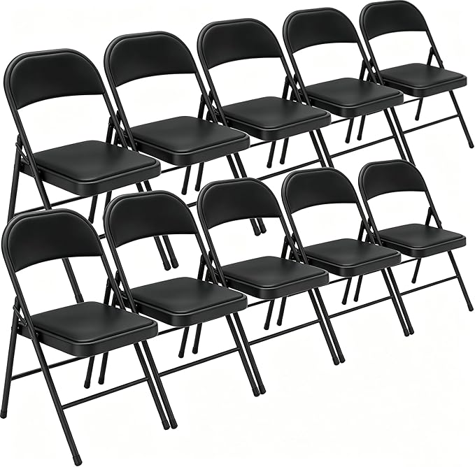 10 Pack Padded Folding Chairs, Portable Metal Foldable Chairs with Cushion, PU Leather Sturdy Indoor Outdoor Seating for Home, Office, Party, Black