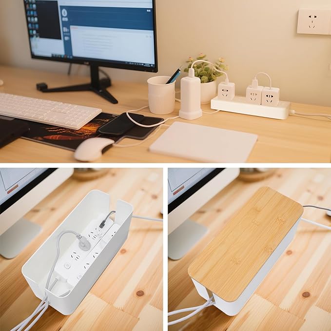 Cable Management Box 2 Pack, Cord Organizer for TV Cables Computer Wires, Under Desk Cord Hider with Bamboo Lid, Large Power Strip Cover for Home Office Router USB Hub, Child Proof Pet Proof - White