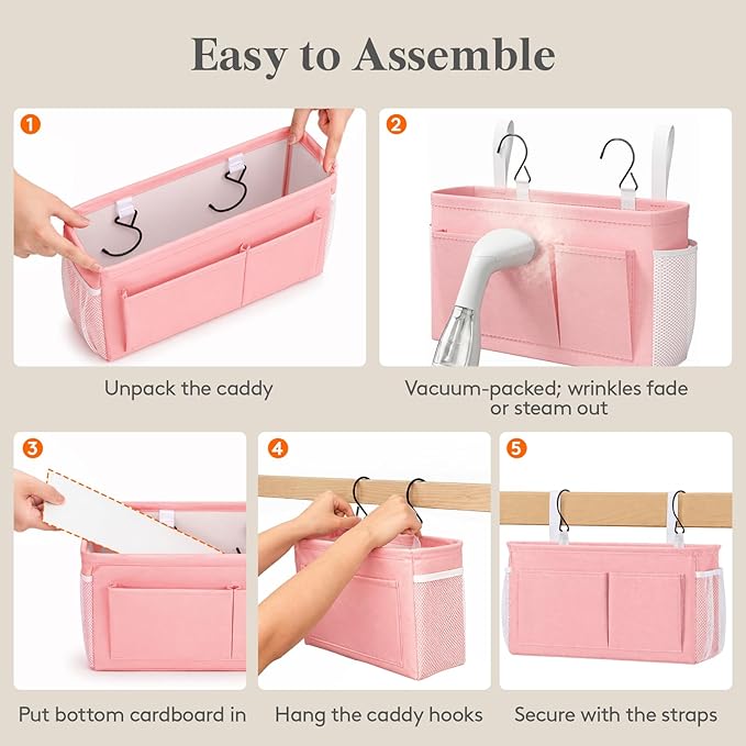 Lifewit Bedside Caddy Storage Organizer, Hanging Storage Bag with Fixed Straps, Book Remotes Holder for Home, College, Dorm, Bunk, Hospital, Crib Bed Rails, Pink