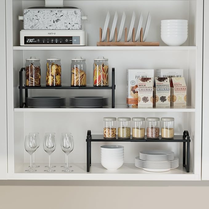 Thickened 2 Pack Expandable Cabinet Organizer Shelves, Stackable Countertop Shelf Organizers for Kitchen Pantry Cabinet Storage, Adjustable Counter Cupboard Organizer Shelf Rack Stand 22"L