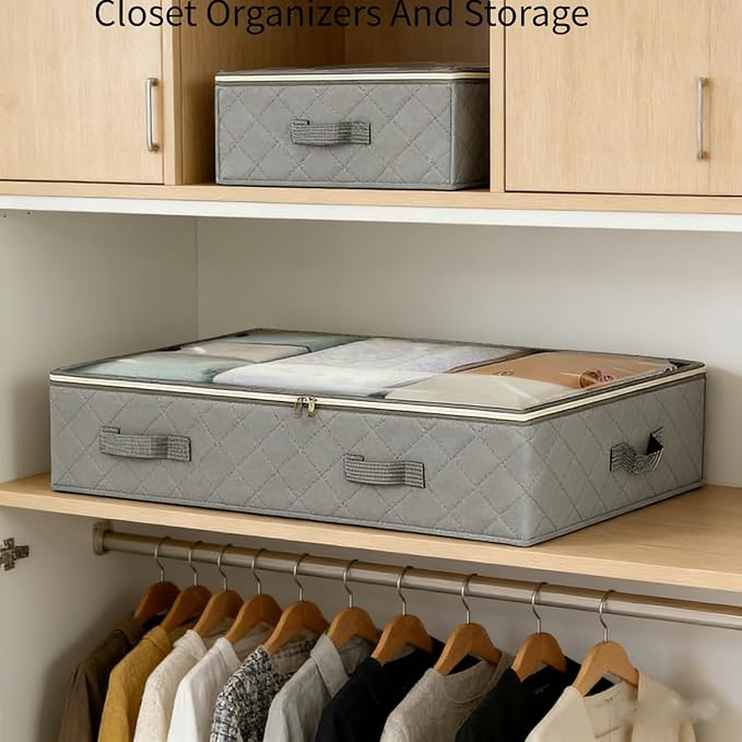 4 Pack Under Bed Storage, Closet Organizers and Storage Containers with Clear Window Foldable Underbed Storage Bags for Clothes,Shoes, Blankets Pillows, Linen Sheets, Dark Grey