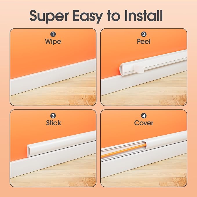 TV Cord Hider Wall, 56.7in Cord Covers for 1-2 Wires on Wall, Self-Adhesive Cable Hider Wire Covers for Cords on Wall, Paintable TV Wire Hider, Curved Decorative Cable Raceway, W1.18 H0.43in, White