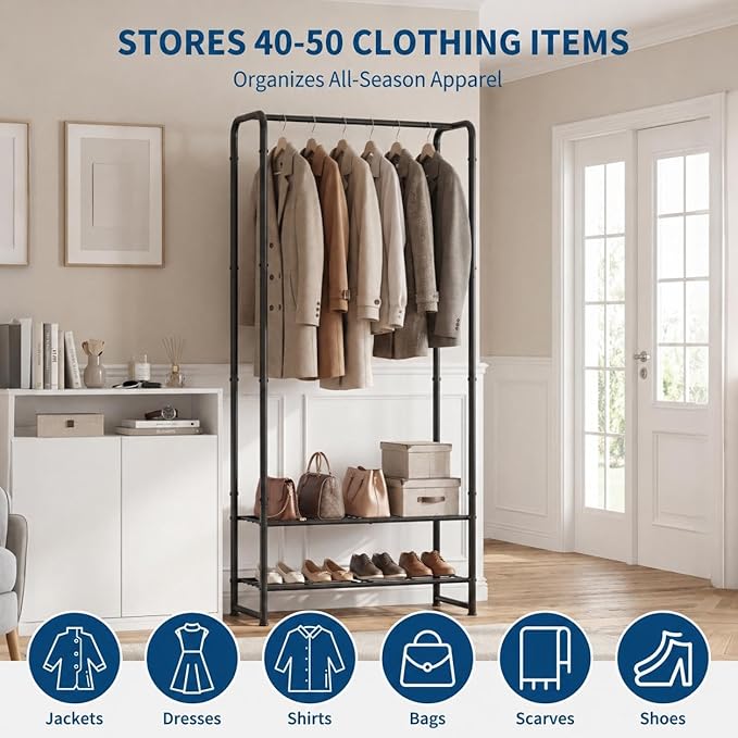 IDEALHOUSE 2-in-1 Freestanding Clothes Rack with Shelves,Hanging Clothes, Portable Metal Clothing Rack for Hanging Clothes, Black Garment Rack Closet Organizer for Bedroom, Entryway, Dorm