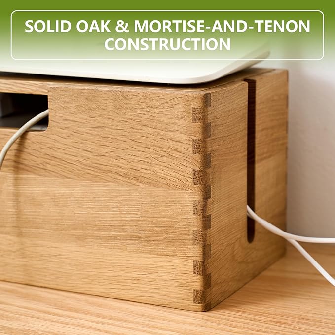 Oak Wood Cable Management Box - Large Cord Hider & Organizer with Magnetic Lid for Desk & Floor Cables in Home Office, Living Room, Bedroom (Natural)