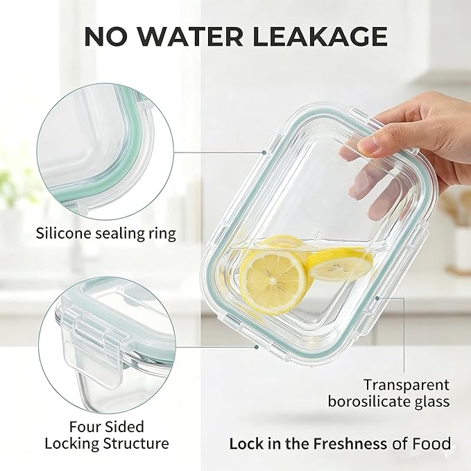 8 Pack Glass Food Storage Containers,Glass Meal Prep Containers with Lids,Airtight Glass Lunch Boxes,Leakproof Food Containers,Stackable Glass Storage Set,Microwave Safe Glass Containers,BPA Free