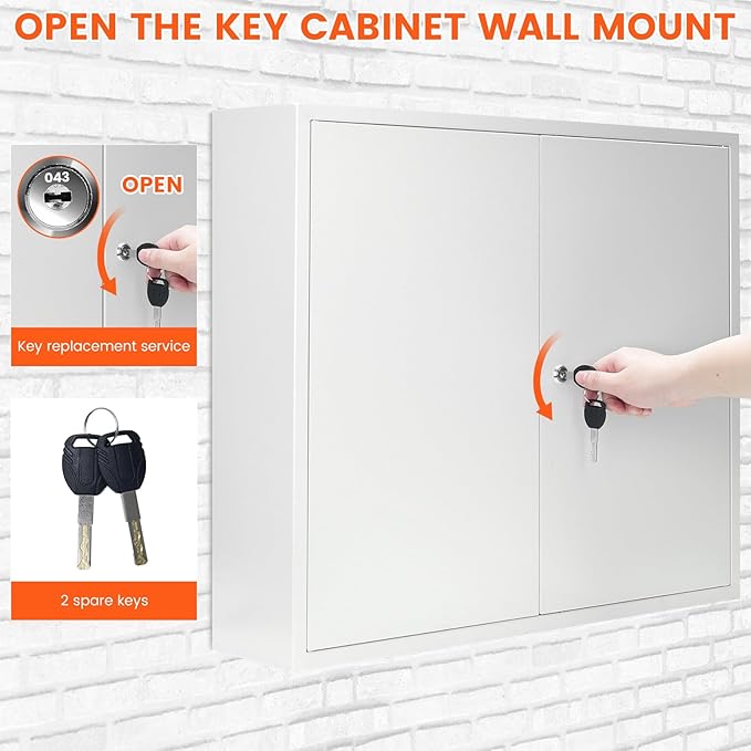 440 Keys Dual-Door Key Lock Box Wall Mount with 20 Adjustable Hook Plates, Numbered Hooks and Tags, Steel Key Cabinet with Index Log, Key Storage Box Key Organizer for Garage Home Office, White